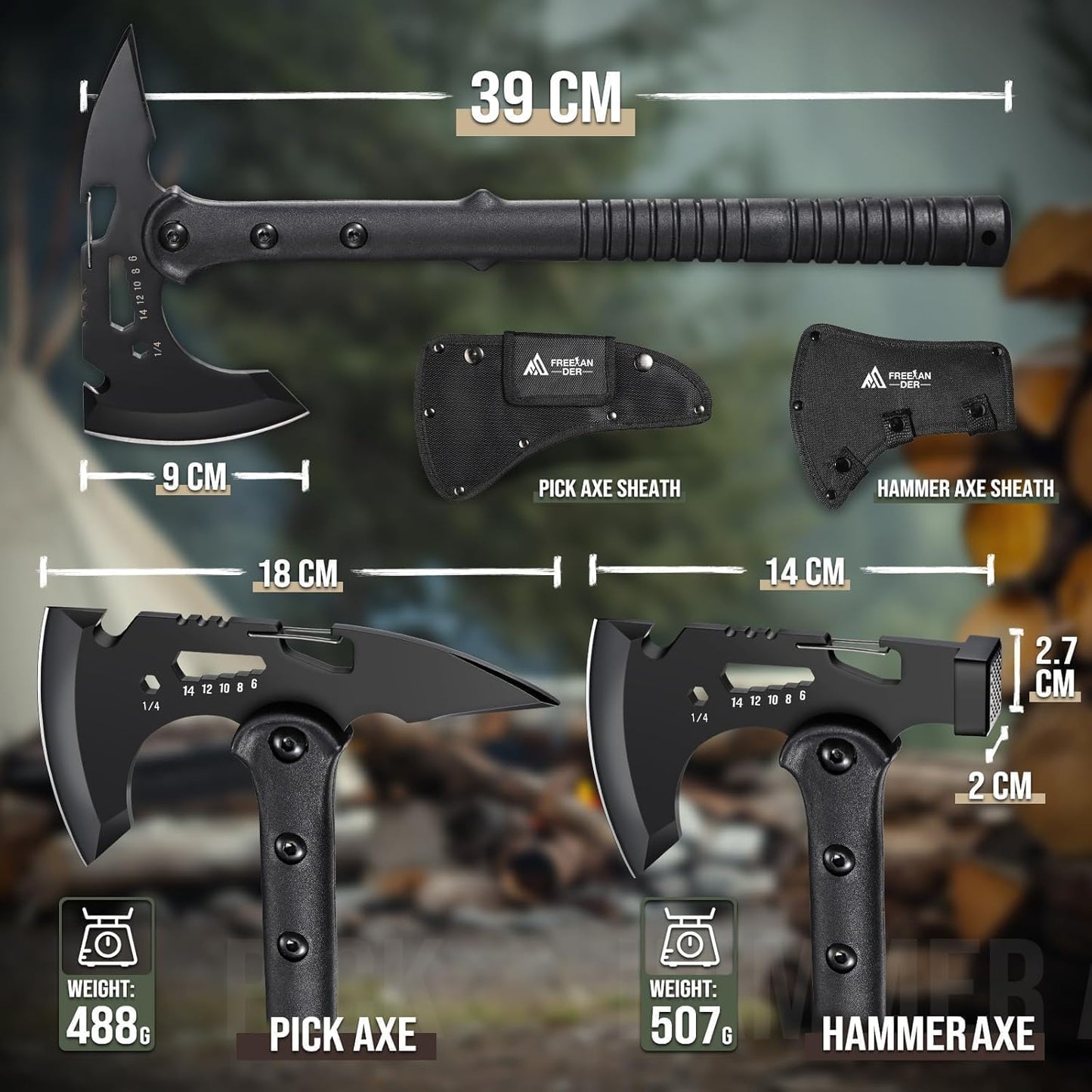 Freelander Tactical Axe 2 Pack, Sharp Tomahawk with Sheath, Portable Tomahawk with Clip and Bottle Opener, Durable Survival Hatchet for Emergency, Hiking and Camping