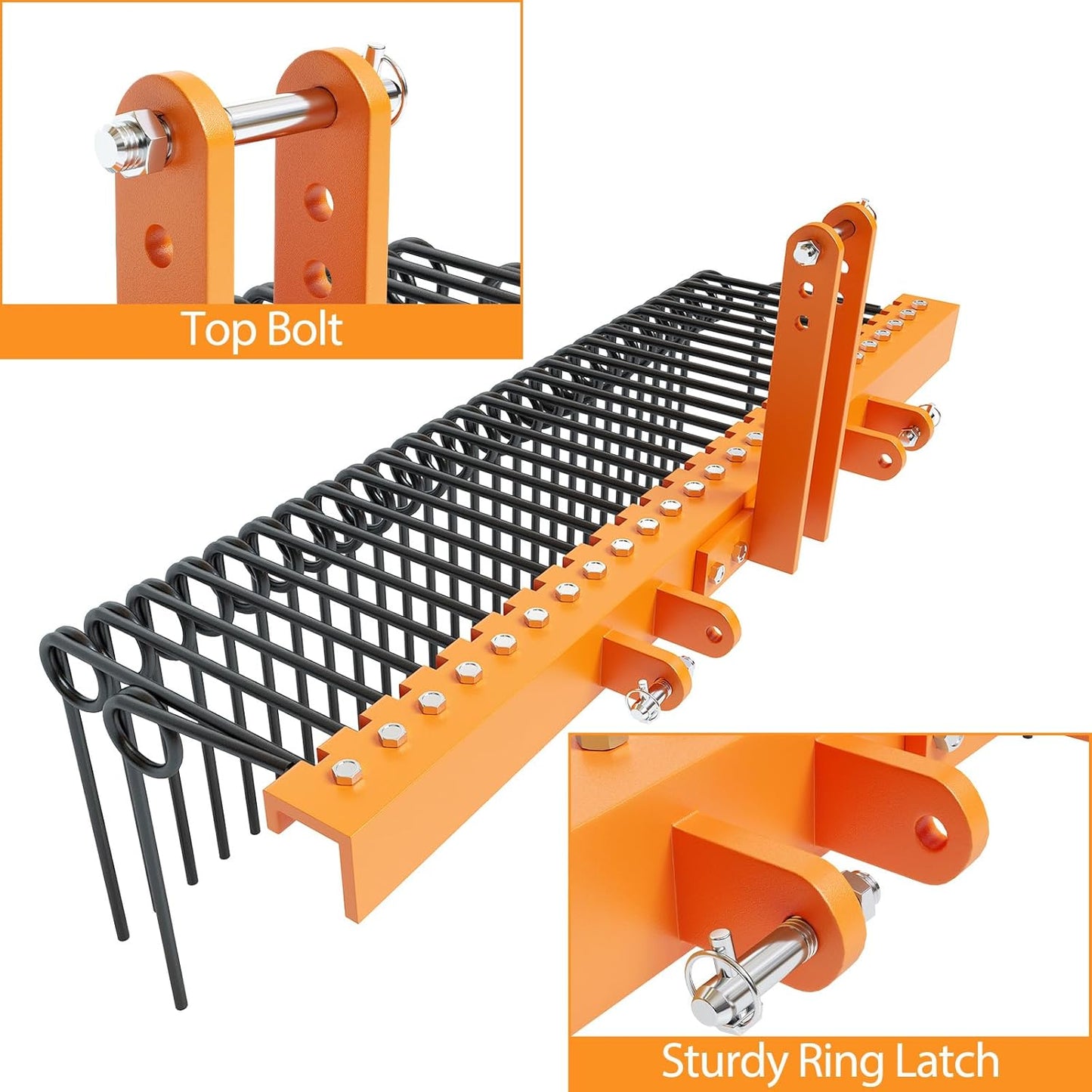 60" Durable Powder Coated Steel Pine Straw Rake, Steel Spring Landscape Rake for Leaves, Pine Needles, Straw, and Grass Attaches to Cat 0 Cat 1,3 Point Hitch Tractor, Yellow