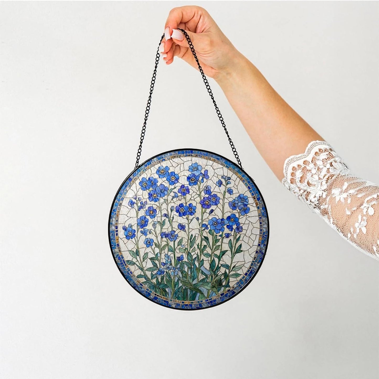 Forget-Me-Not Suncatcher -7.9 in Stained Glass Window Hanging Sun Catcher Garden Decor