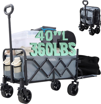 40'' Extra Long Collapsible Wagons Carts Foldable, 360LBS Foldable Wagon Cart with Wheels, Heavy Duty Portable Utility Wagon for Grocery, Shopping, Sports Garden & Camping - Gray