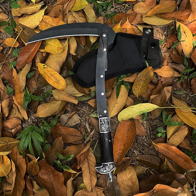 Black Sharp Edge Folding Sickle Weeder Gargening Hand Tool Portable Safety Wooden Handle Manual Grass Lawn with Sheath