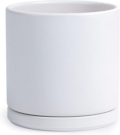 D'vine Dev 10 Inch Ceramic Planter Pot with Drainage Hole and Saucer, Indoor Cylinder Round Planter Pot, White, 94-O-E-1
