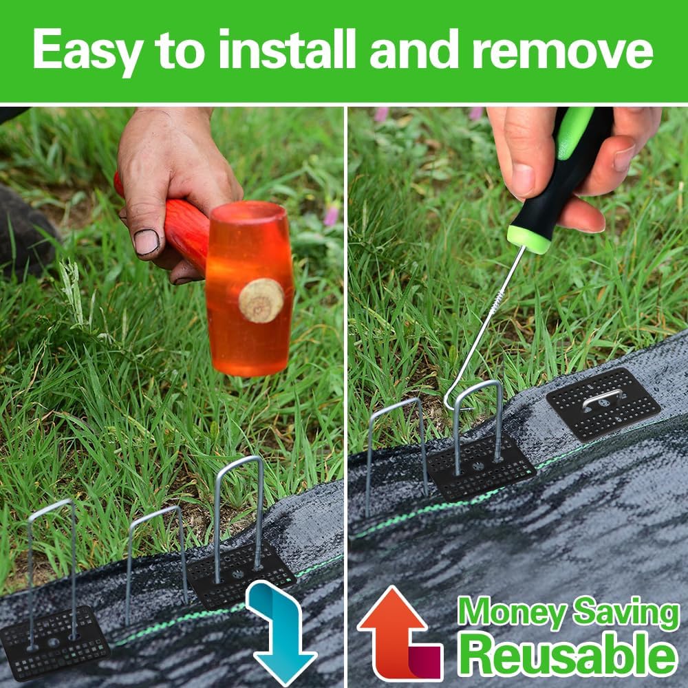 Bakulyor 50 Pcs Landscape Staples + 50 Pcs Gasket, 6 Inch Garden Stakes Staples 11 Gauge U Shaped Galvanized Lawn Landscape Pins, Heavy Duty Yard Ground Pin for Weed Barrier Sod Fabric Decorations