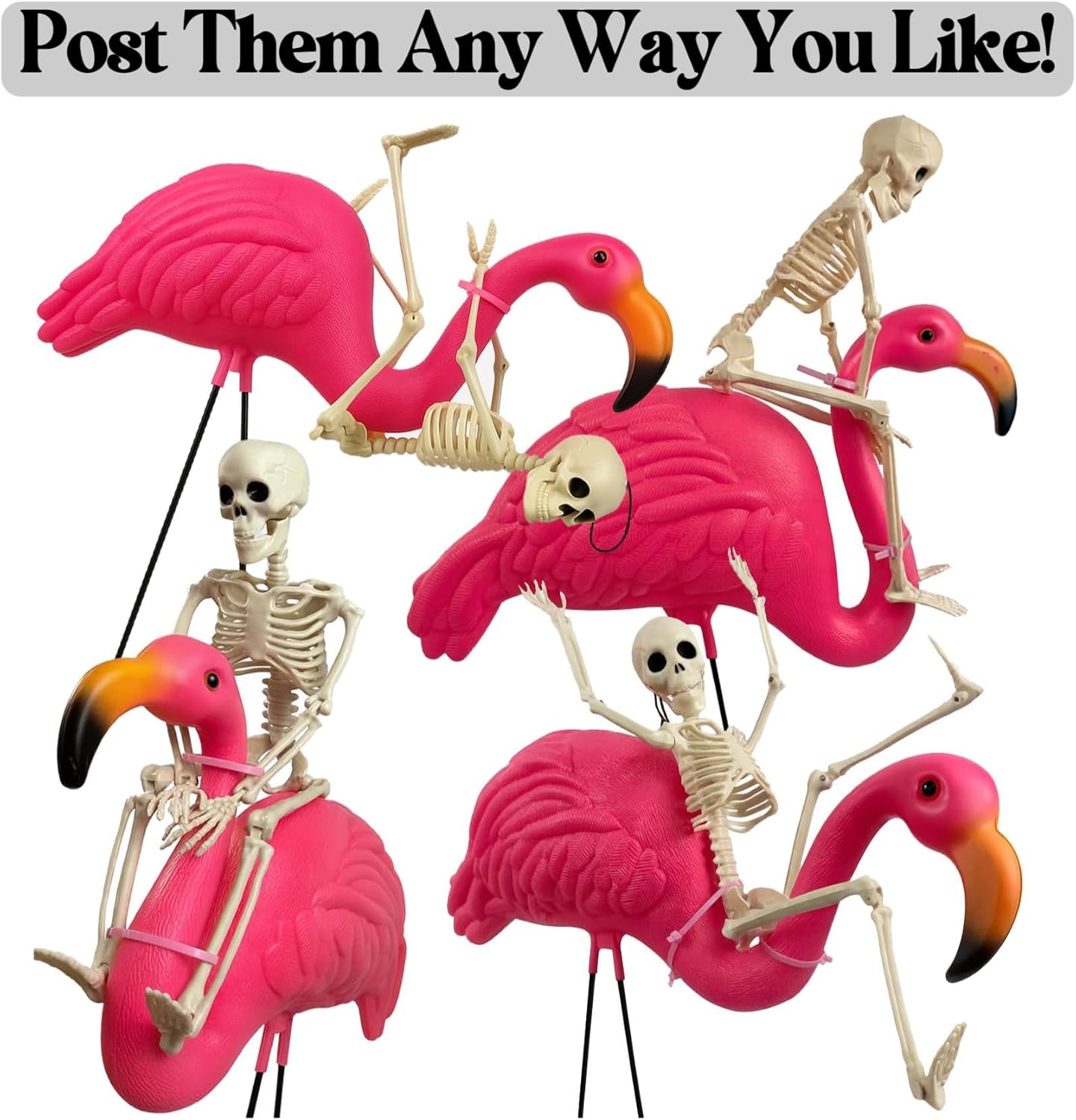 GiftExpress 2-Pack Posable 16" Skeletons + 2-Pack 26" Pink Flamingo Lawn Ornaments Halloween Outdoor Yard Decorations, Spooky Halloween Graveyard