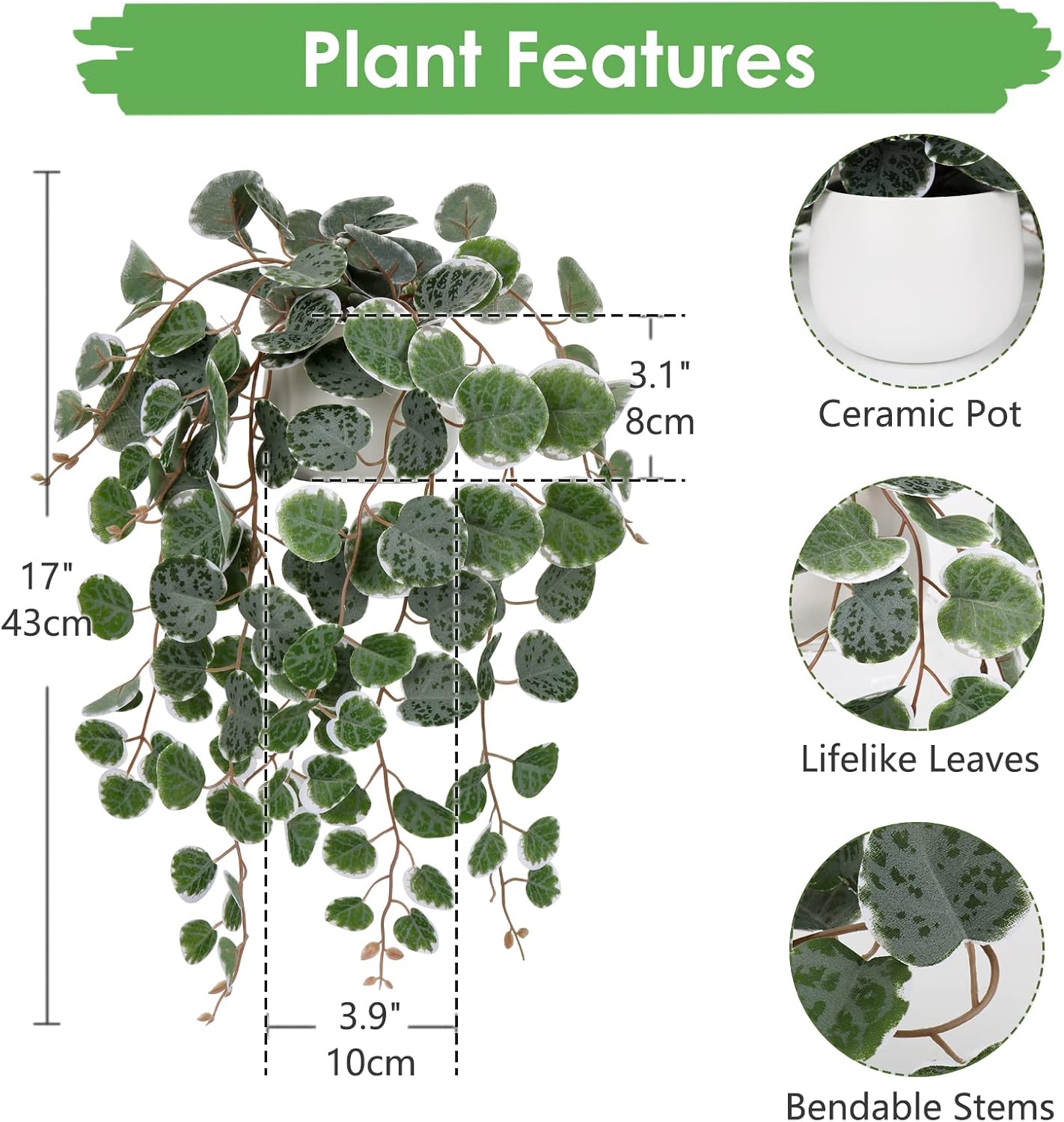 Briful Fake Plants Indoor 16'' Artificial String of Hearts Plants with Ceramic Pot Faux Draping Vine Plants for Home Bathroom Table Shelf Office Hotel Decor