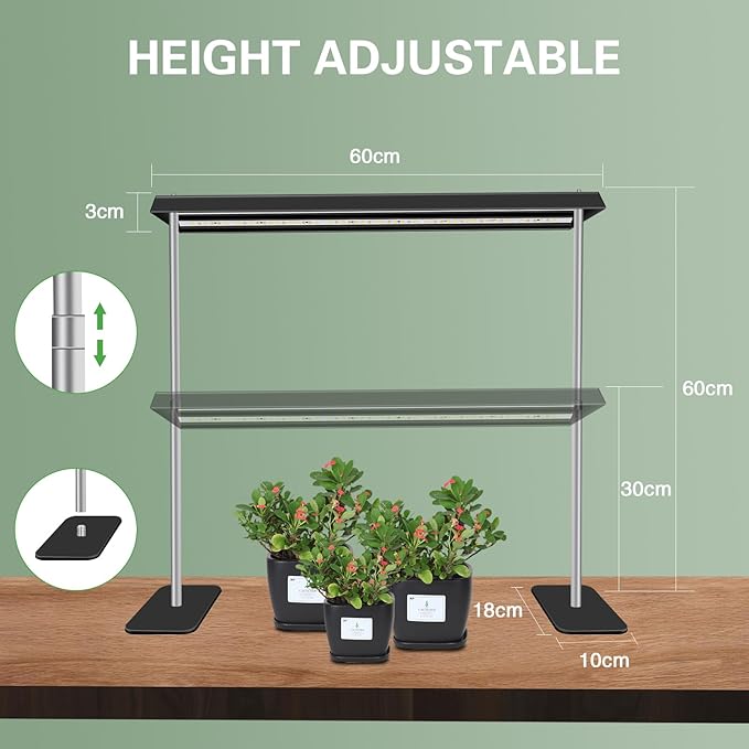 LED Grow Lights for Seed Starting with Stand, 2ft 60W Full Spectrum Seedling Lights Grow Lights for Indoor Plants, 4/8/12H Timer and 10 Dimming Levels, Height Adjustable and Energy Efficient