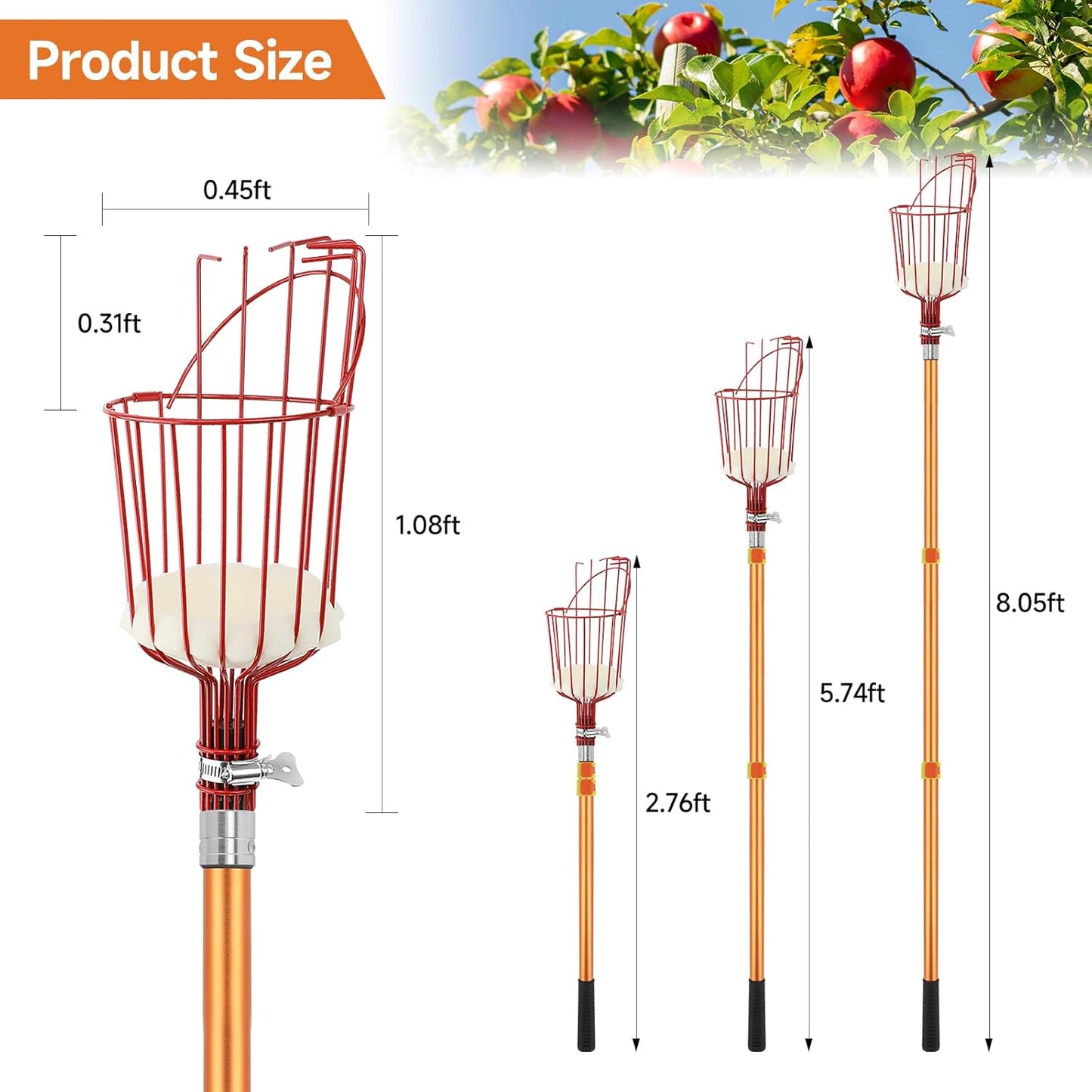 SANLIKE Fruit Picker Tool 8FT Telescoping Fruit Picker Pole, Easy to Assemble Twist-On Apple Basket, Lightweight Aluminum Fruit Picking Equipment for Getting Fruits Apple Orange Pear Mangoes