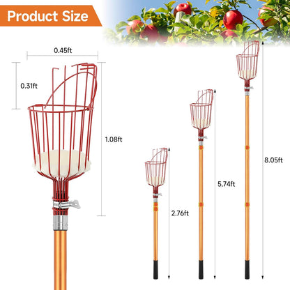 SANLIKE Fruit Picker Tool 8FT Telescoping Fruit Picker Pole, Easy to Assemble Twist-On Apple Basket, Lightweight Aluminum Fruit Picking Equipment for Getting Fruits Apple Orange Pear Mangoes
