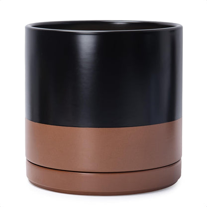 D'vine Dev 12 Inch Ceramic Planter Pot with Drainage Hole and Saucer, Indoor Cylinder Round Planter Pot, Black/Speckled Tan, 94-O-F-7