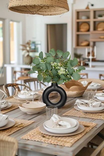 Artificial Eucalyptus Stems in Ceramic Vase 14.23" Fake Eucalyptus Plant Decor Black Donut Vase with Greenery Centerpiece Table Decorations Small Faux Green Plant for Home Farmhouse Wedding Table