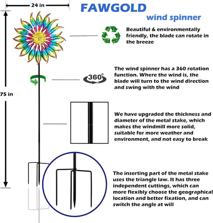 75" Multi-Color Wind Spinners Outdoor Metal Sun Wind Sculptures for Garden, Patio, Yard, Lawn Decorations Double Windmill Spinne