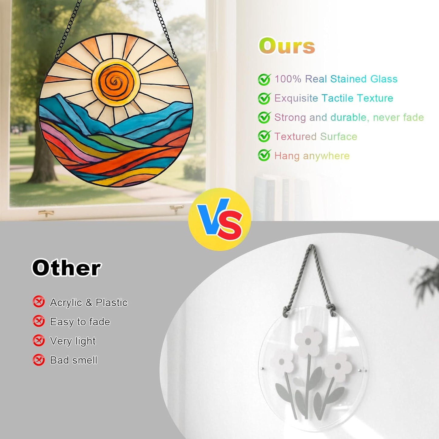 Stained Glass Window Hanging – Sunrise Sun Catcher Round Diamond Glass Panel, Abstract Ocean Window Decor, Suncatchers for Windows Hanging Gift for Women & Mom (12 Inch)