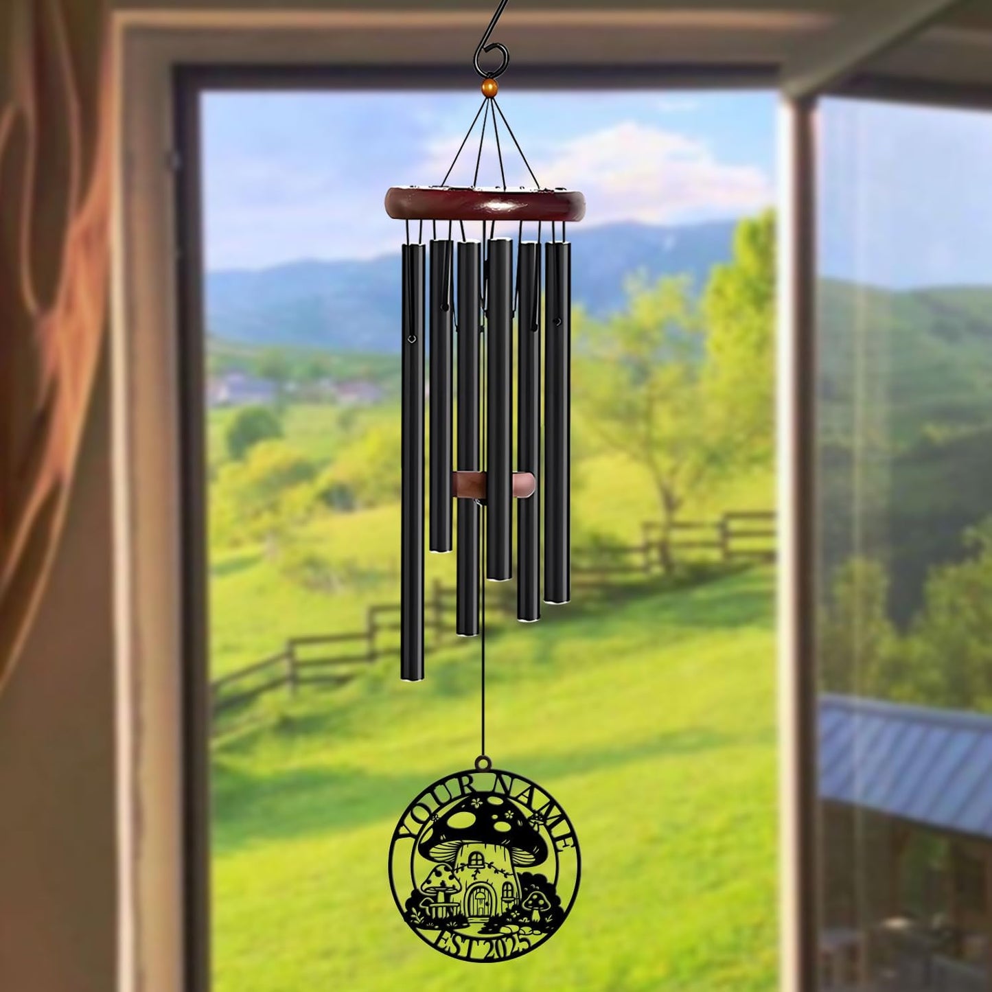 Personalized Customize Name Fantasy Mushroom Wonderland Wind Chime, Metal Iron 37 Inch Outdoor Memorial Gift for Garden Yard Patio Home Decor, Black (Style E)