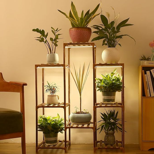 Plant Stand with Grow Light, Plant Shelf Indoor with Full Spectrum Led Grow Light, Timer Function and Brightness Adjustment, 8 Tiered Wood Plant Stand Indoor for Corner | Patio | Living Room