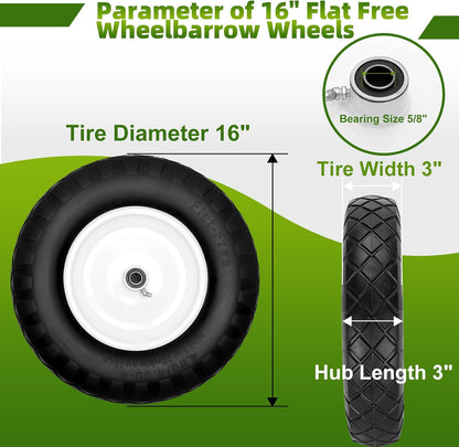 Upgraded 16" Flat Free Wheelbarrow Wheels and Tires, 4.80/4.00-8 Solid Wheelbarrow Tires with 5/8"&3/4" Bearings,14"-16" Universal Fit Wheelbarrow Wheels for Wheelbarrows/Garden Trailer
