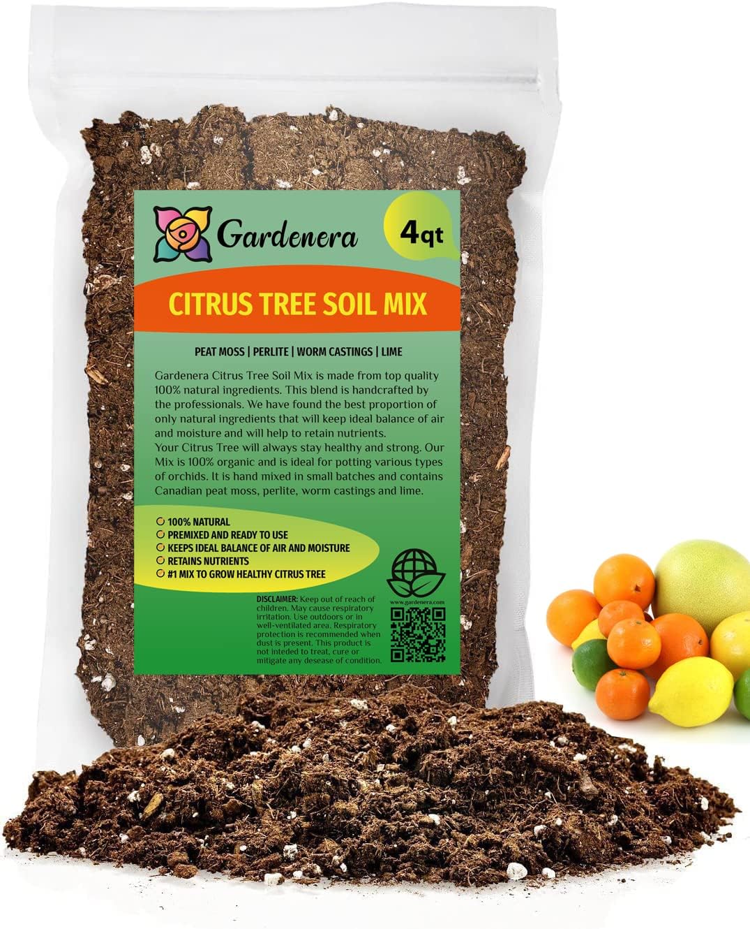 GARDENERA Citrus Tree Potting Soil Mix, Special Blend for Indoor Oranges, Lemons, Limes and More - (4 Quart Bag)