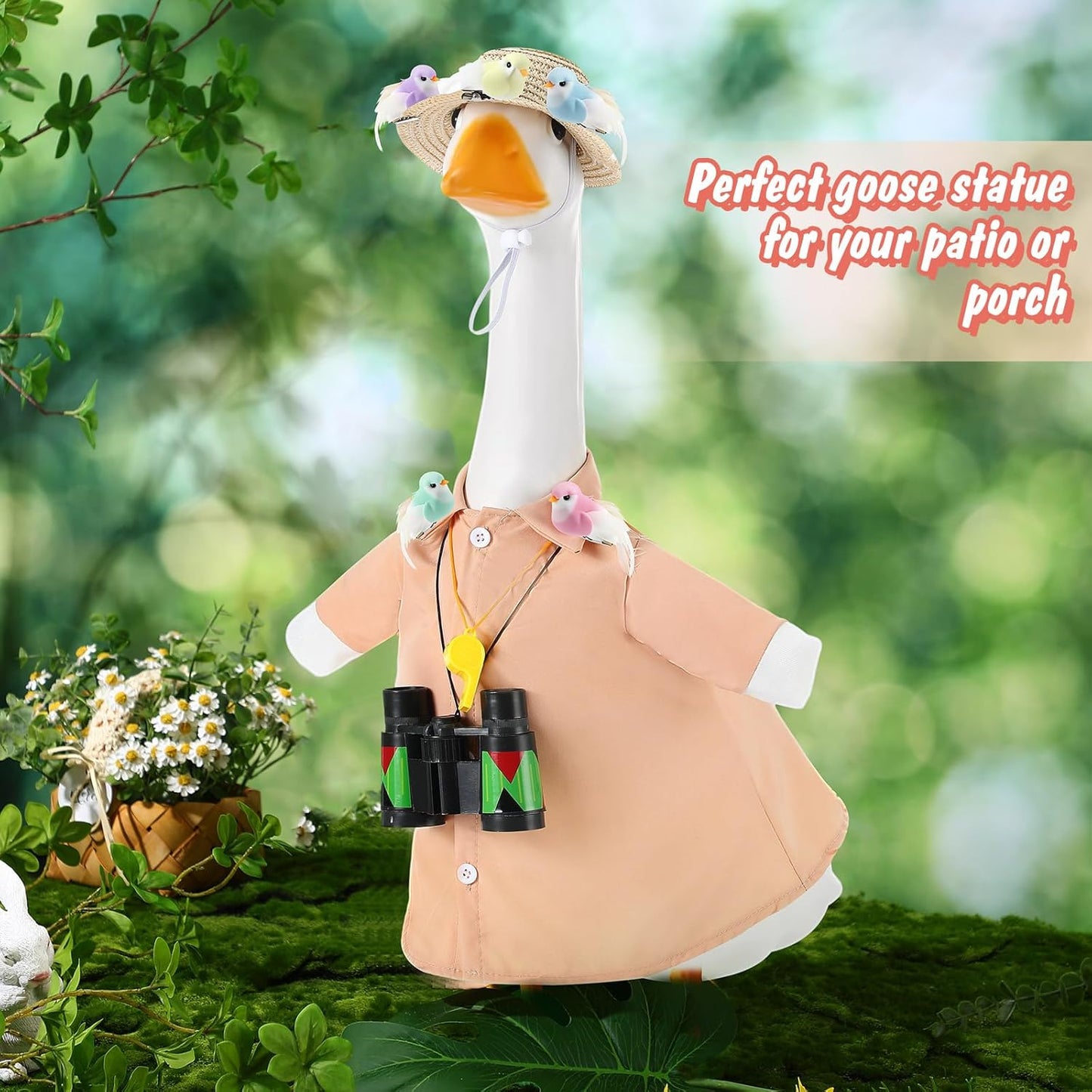 9 Pcs Bird Watcher Goose Outfits Hiking Costume Clothing T-shirt Straw Hat Binoculars Birds Whistle for 23'' Cement Porch Goose Summer Outdoor Garden Yard Lawn Patio Statue Art