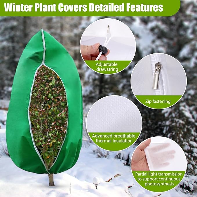 4 Pack Winter Plant Covers Freeze Protection, Frost Blankets Cloths With Zipper/Drawstring, Frost Cloths for Outdoor Plants Protecting Fruit Tree Potted Plants from Freezing(31.5" x 47.3",Green)