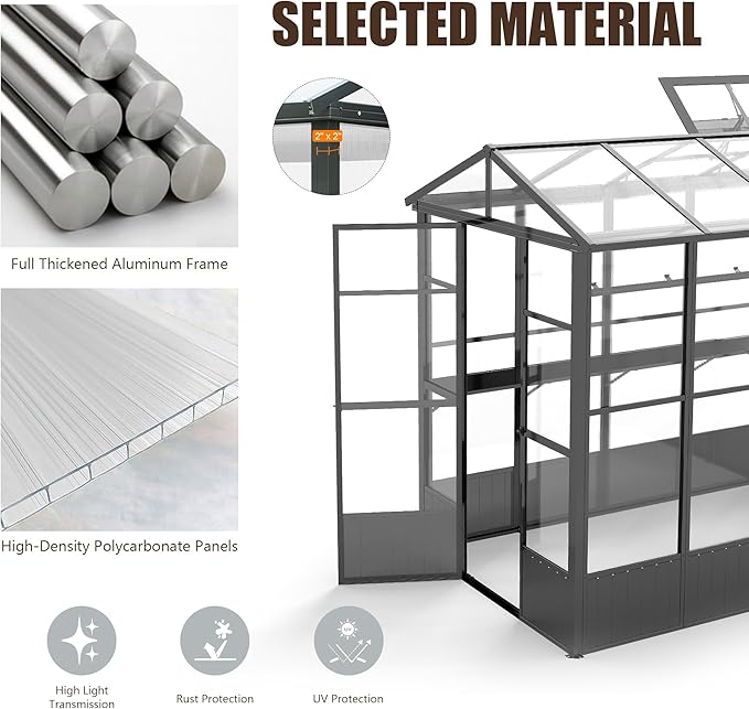 Domi 6.5x8FT Greenhouse, Polycarbonate Green House with Fully Auto Temperature Control Vent, Outdoor Full Aluminum Heavy Duty Greenhouse with Extra 7.8FT Walk-in Height for Garden Backyard, Dark Grey