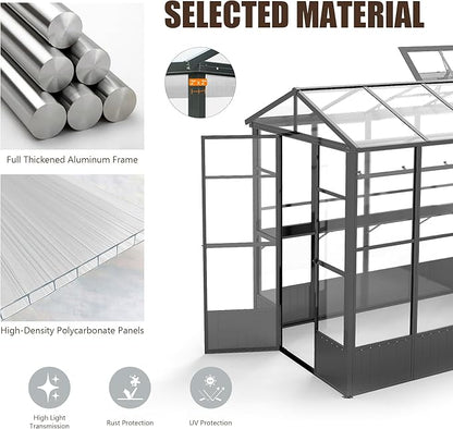 Domi 6.5x8FT Greenhouse, Polycarbonate Green House with Fully Auto Temperature Control Vent, Outdoor Full Aluminum Heavy Duty Greenhouse with Extra 7.8FT Walk-in Height for Garden Backyard, Dark Grey