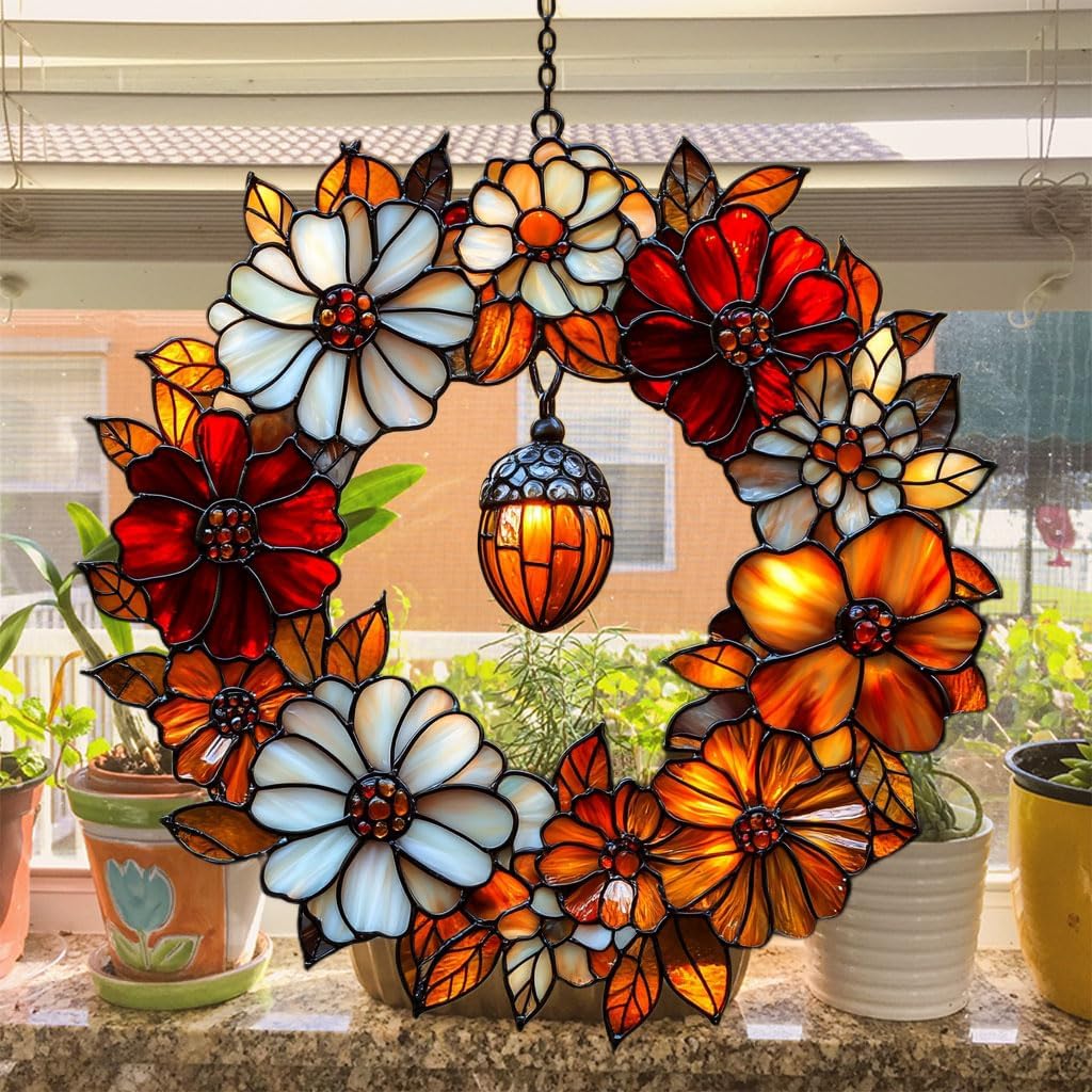 Autumn Floral Wreath Acrylic Suncatcher Stained Glass Effect Window Car Hanging Christmas Ornament Indoor Outdoor Decor Garden Sun Catcher Panel for Acrylic Suncatcher Lover for Women Mom Grandma