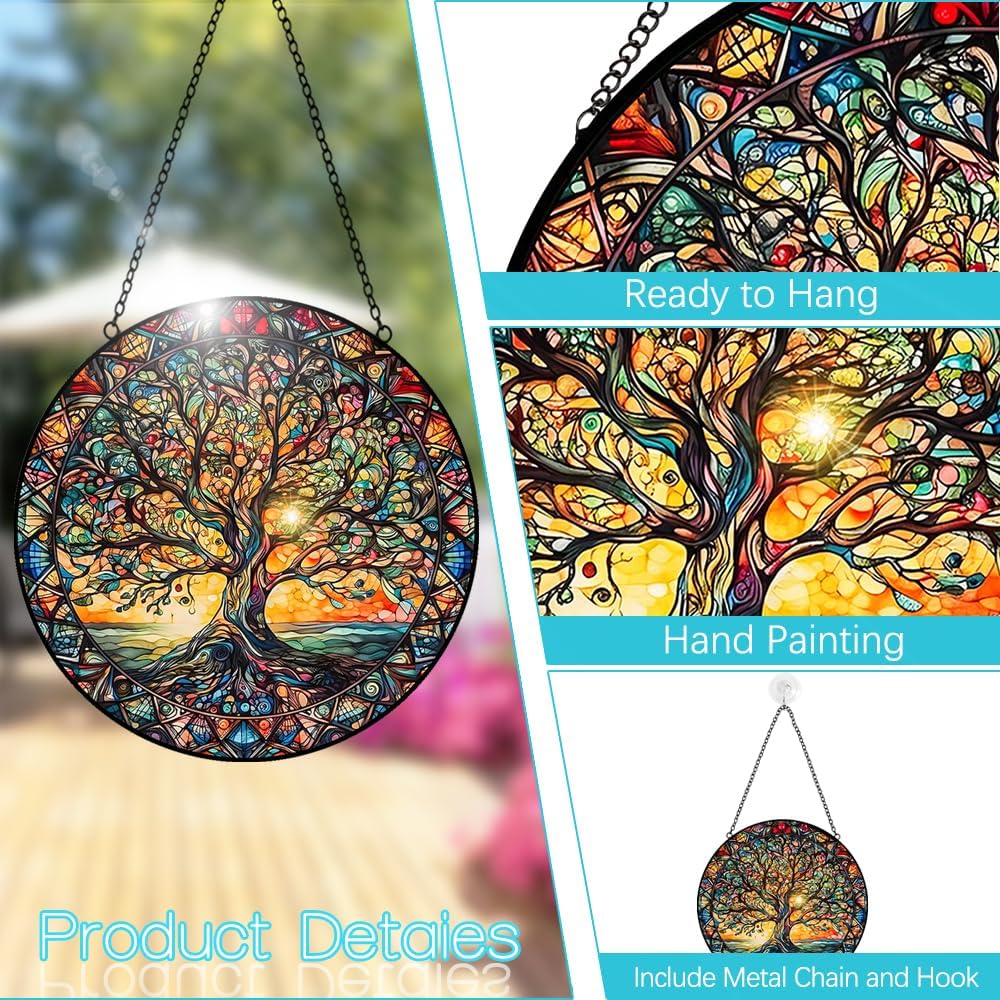 Tree of Life Suncatcher Stained Glass Window Hanging - 8″ Handmade Sun Catchers Indoor Window Catcher Suncatchers for Windows Hanging - Wall Art Home Garden Decor Panel - Birthday Gifts for Women Men