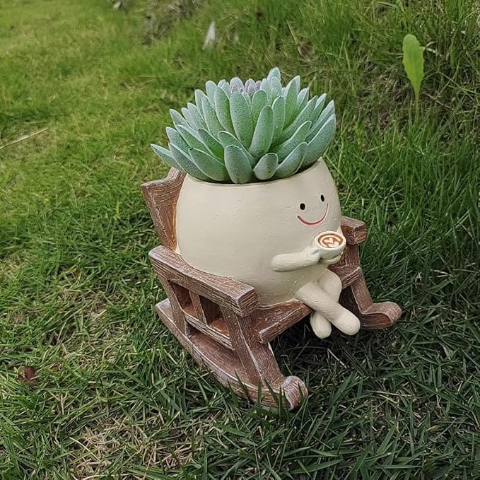 Smiley Flower Pot, Sitting Rocking Chair Relax, for Succulent Plant Pot, Suitable for Indoor and Outdoor, Gifts for Friends and Christmas, with Drainage Holes Beige Small