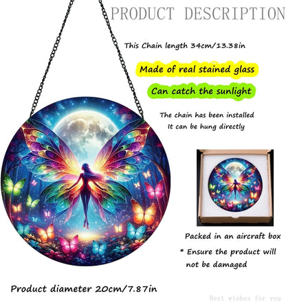 Butterfly Sun Catcher Stained Glass Window Hanging, Handmade Butterfly Fairy Suncatcher Glass Panel Garden Wall Decor, Housewarming Gifts for Women Insect Lover