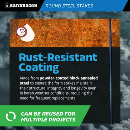 Sandbaggy Round Steel Concrete Form Stakes with Nail Holes - Rust Resistant Coating - Removable, Reusable (5, 3/4 in X 36 in)