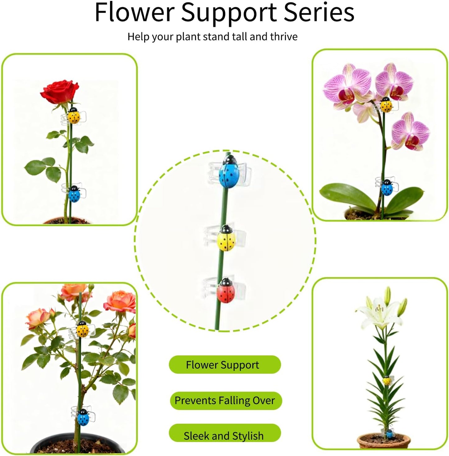 16.5 Inch Plant Stakes - 10 Pcs Bendable Plant Support Stakes Green with 10 Clips & 5 Adorable Ladybug Clips for Indoor Outdoor Potted Plants, Orchids, Tomatoes, Flowers Gardening