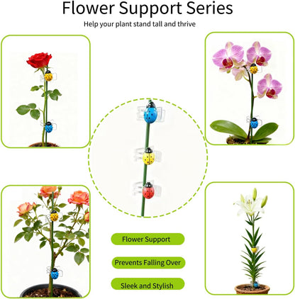 16.5 Inch Plant Stakes - 10 Pcs Bendable Plant Support Stakes Green with 10 Clips & 5 Adorable Ladybug Clips for Indoor Outdoor Potted Plants, Orchids, Tomatoes, Flowers Gardening