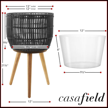 Casafield Indoor Planter with Stand, Black Floor Planter with Wood Legs, Large Plant Pot Cover with Liner for Houseplants, Flower Pots and Trees