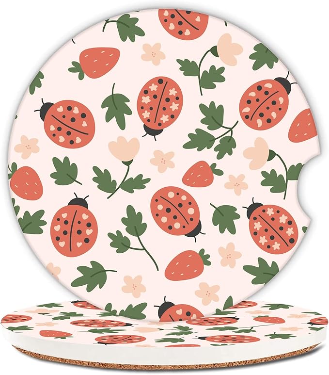 Pink Ladybug Strawberry Car Coasters,Ceramic Absorbent Cup Holders with Finger Notch & Cork Base Car Assecories for Women/Men 2.6"(2 Pieces)