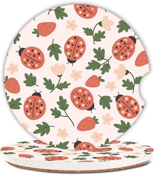 Pink Ladybug Strawberry Car Coasters,Ceramic Absorbent Cup Holders with Finger Notch & Cork Base Car Assecories for Women/Men 2.6"(2 Pieces)