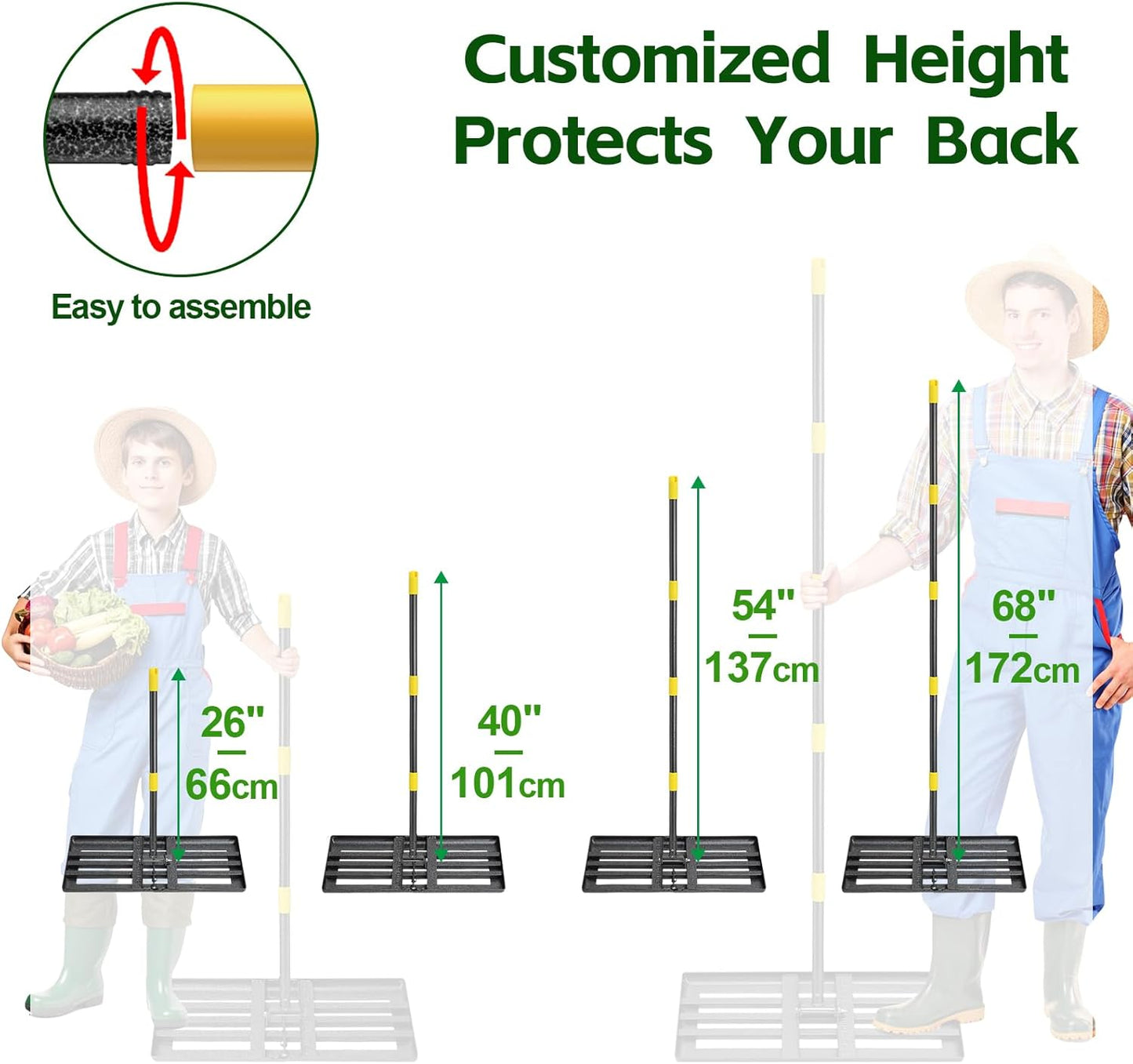 Lawn Leveling Rake 30”x10” Large Heavy Duty Metal Lawn Leveler with 65” Long Adjustable Handle Proffesional Yard Leveling Rake for Soil Dirt Sand Compost Efficient Folding Lawn Leveling Tool