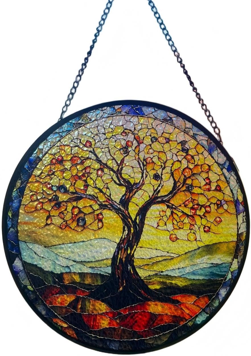 Tree of Life Handmade Stained Glass Window Hanging Suncatcher with Chain - 7.9" Outdoor/Indoor Art Decor for Home Garden, Wedding, Mother's, Valentine's & Christmas Ornaments Present