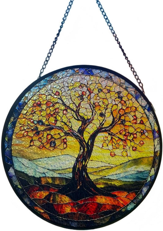 Tree of Life Handmade Stained Glass Window Hanging Suncatcher with Chain - 7.9" Outdoor/Indoor Art Decor for Home Garden, Wedding, Mother's, Valentine's & Christmas Ornaments Present
