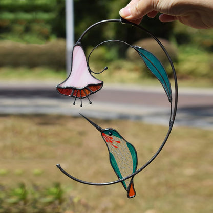 Lolitarcrafts Hummingbird with Flower Stained Glass Suncatcher Bird Stained Glass Window Hangings Hummingbird Gift for Home Decor (Green)
