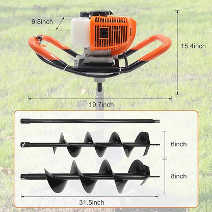 62CC Newly Upgraded Post Hole Digger Gas Powered, 2 Stroke Auger Post Hole Digger with 2 Drill Bits (6" & 8") + 1 Extension Rod for Planting - Ideal for Farm & Garden - Orange (62 CC)