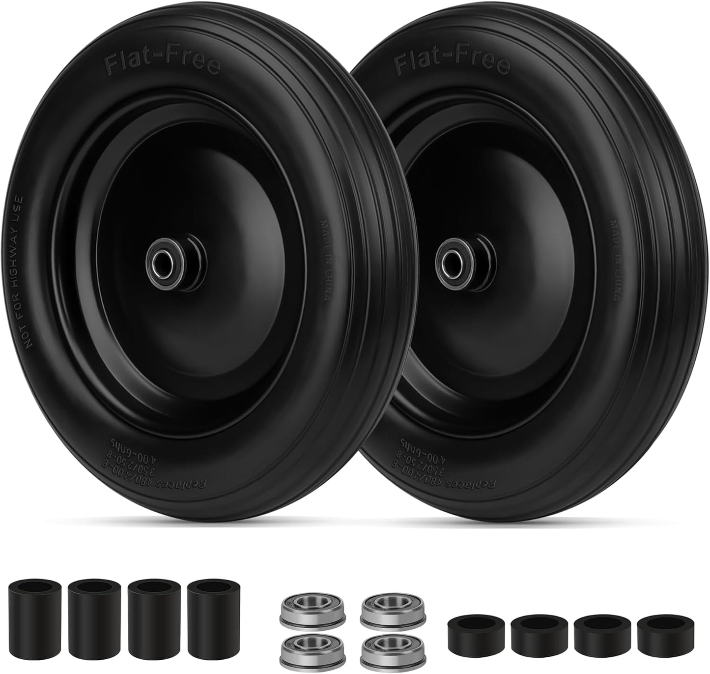 4.80/4.00-8 Flat Free Wheelbarrow Tire with 5/8 & 3/4 Bearing 3" -7" Centered Hub for Garden Cart Ribbed Tread Foamed Polyurethane Tire by NISHCON - 2 Pack