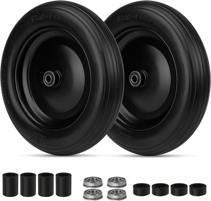 4.80/4.00-8 Flat Free Wheelbarrow Tire with 5/8 & 3/4 Bearing 3" -7" Centered Hub for Garden Cart Ribbed Tread Foamed Polyurethane Tire by NISHCON - 2 Pack