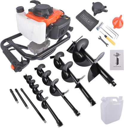 Gas Powered Post Hole Digger Earth Auger - 72cc 4-Stroke Engine with 4"/6"/8"/12" Drill Bits & 8"/12"/20" Extension Rods for Farmland, Garden, Planting