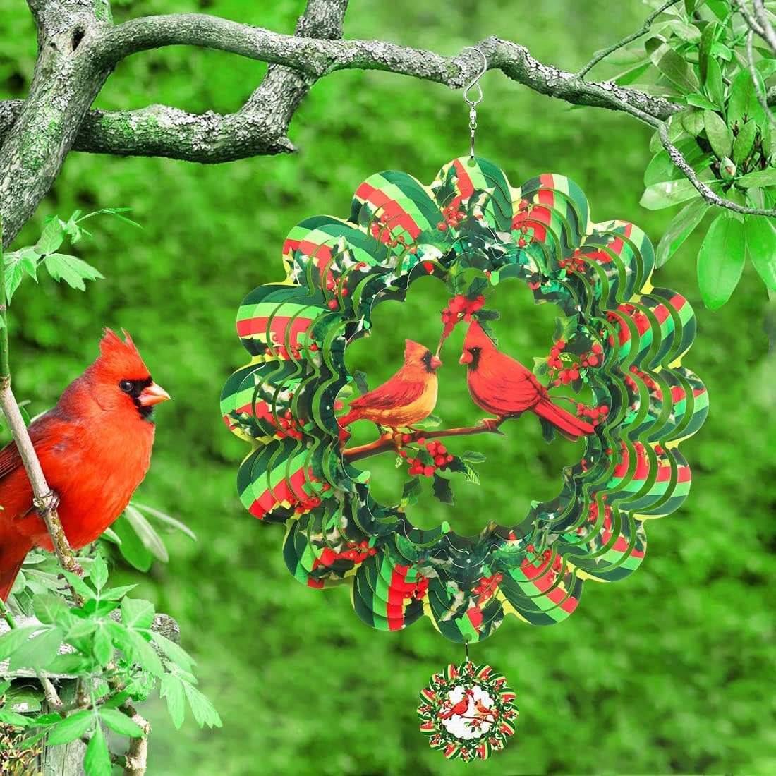 Cardinal Wind Spinner,12.1 Inches Green Garden Bird Spinner Hanging Yard Art, 3D Wind Spinners Outdoor Metal Clearance, Large Colorful Spinning Wind Catcher, Wind Sculpture Spinifity Ornaments Gifts