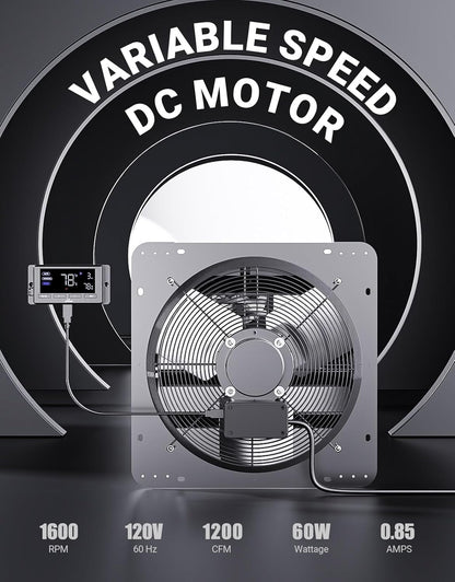 iLiving 14" Wall Mounted Shutter Exhaust Fan, Automatic Shutter, Temperature and Humidity Controls with Variable Speed, 1200 CFM at 1600 RPM DC Motor