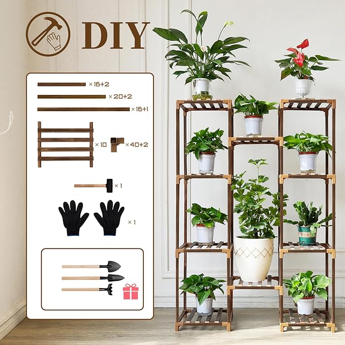 Uneedem Plant Stand Indoor Outdoor, Tall Plant Shelf for Multiple Plants, 10 tiers 11 Pot Large Plant Rack Wood Plant Holder Plant Shelves for Room Corner Balcony Garden Patio