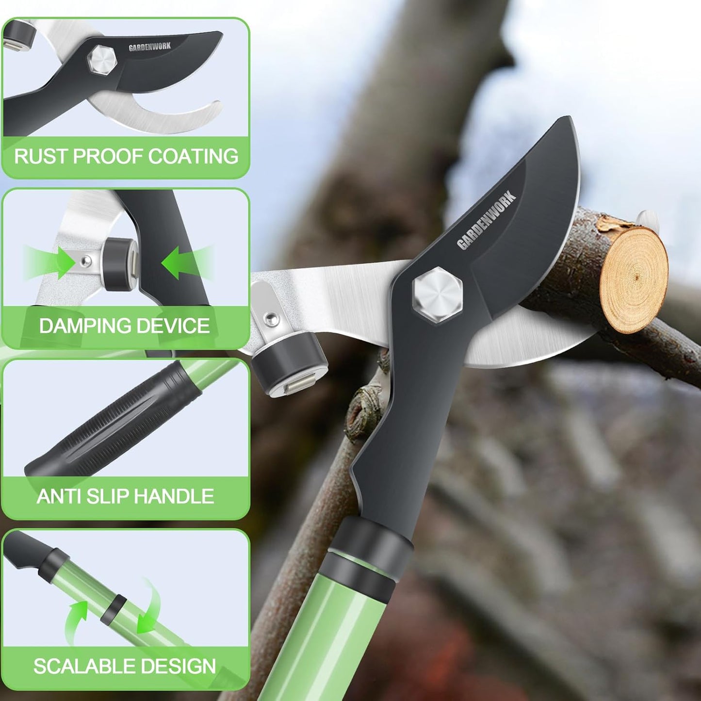 GARDENWORK Loppers for Tree Trimmer,Heavy Duty Branch Cutter,17-23"Extendable Garden Loppers with SK5 High Carbon Steel Blade,Chops Thick Branch Ease with 1.6" Diameter Cut Capacity