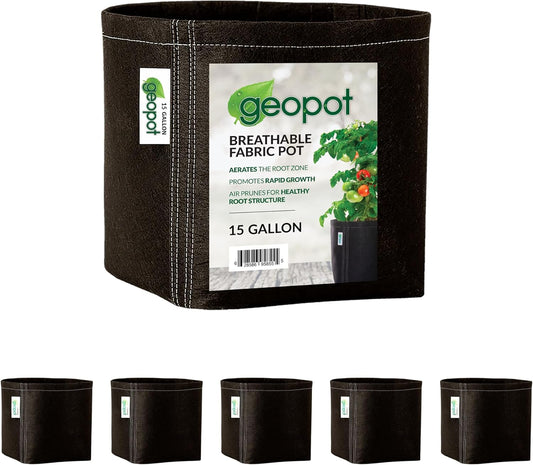 GeoPot 15 Gallon Fabric Grow Bags for Vegetables, Houseplants, Herbs & Flowers | 5-Pack | Aerated Fabric Pots for Outdoors and Indoors