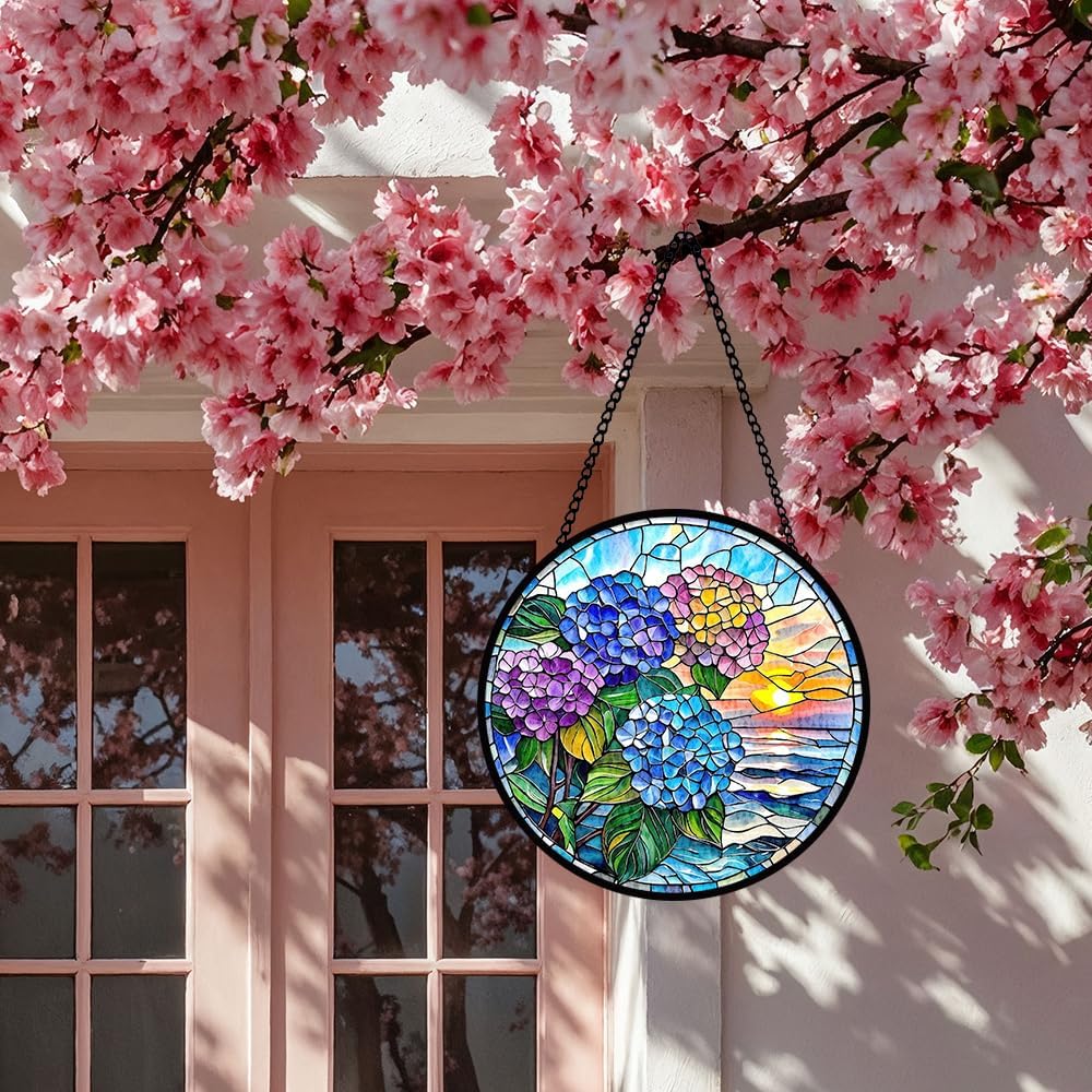Floral Stained Glass Window Hanging, Flower Suncatcher Window Hanging Ornament, Diamond Glass Ornament Decor, Botanical Glass Panel, Home Decoration Gifts for Housewarming, Wedding, Birthday Parties