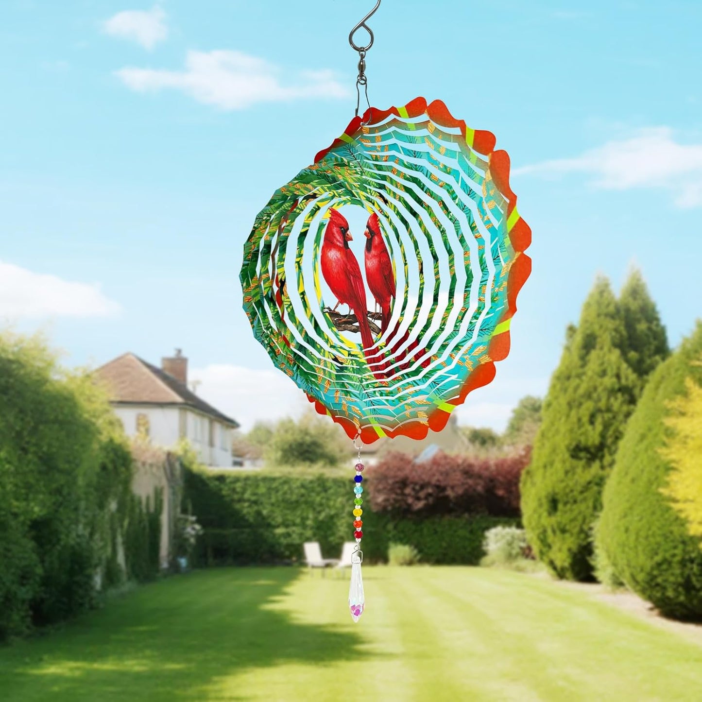 Cardinal Wind Spinner Crystal Tail, Marzovitra 10 inch 3D Stainless Steel Hanging Wind Spinner Metal Wind Catchers Kinetic Sculpture for Indoor,Outdoor Garden Decor,Yard Art