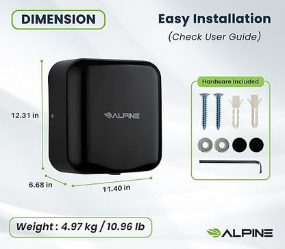 Alpine Automatic Hand Dryers for Bathrooms Commercial High Speed 110-120V Stainless Steel Electric Hand Dryer, Plug In & Hardwire Options with Air Filter, ADA & UL Compliant & 5 Years Coverage (Black)